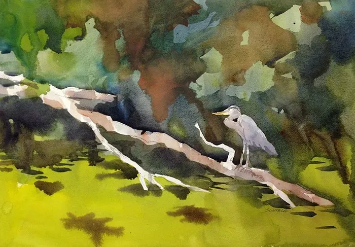 Towpath Heron, watercolor on paper, 2013