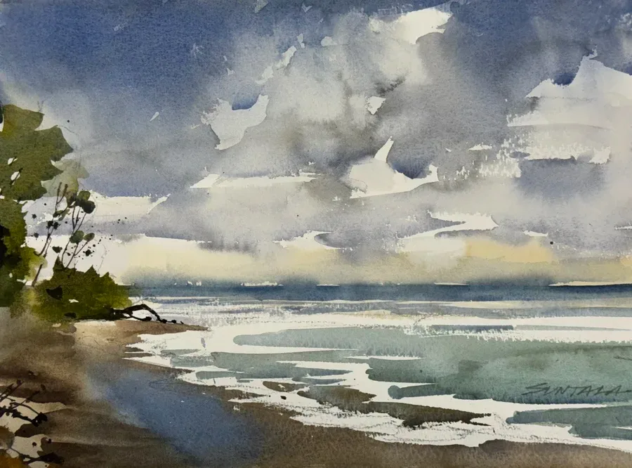 Loose plein air watercolor of a beach and the water of Lake Erie on a windy cloudy day.