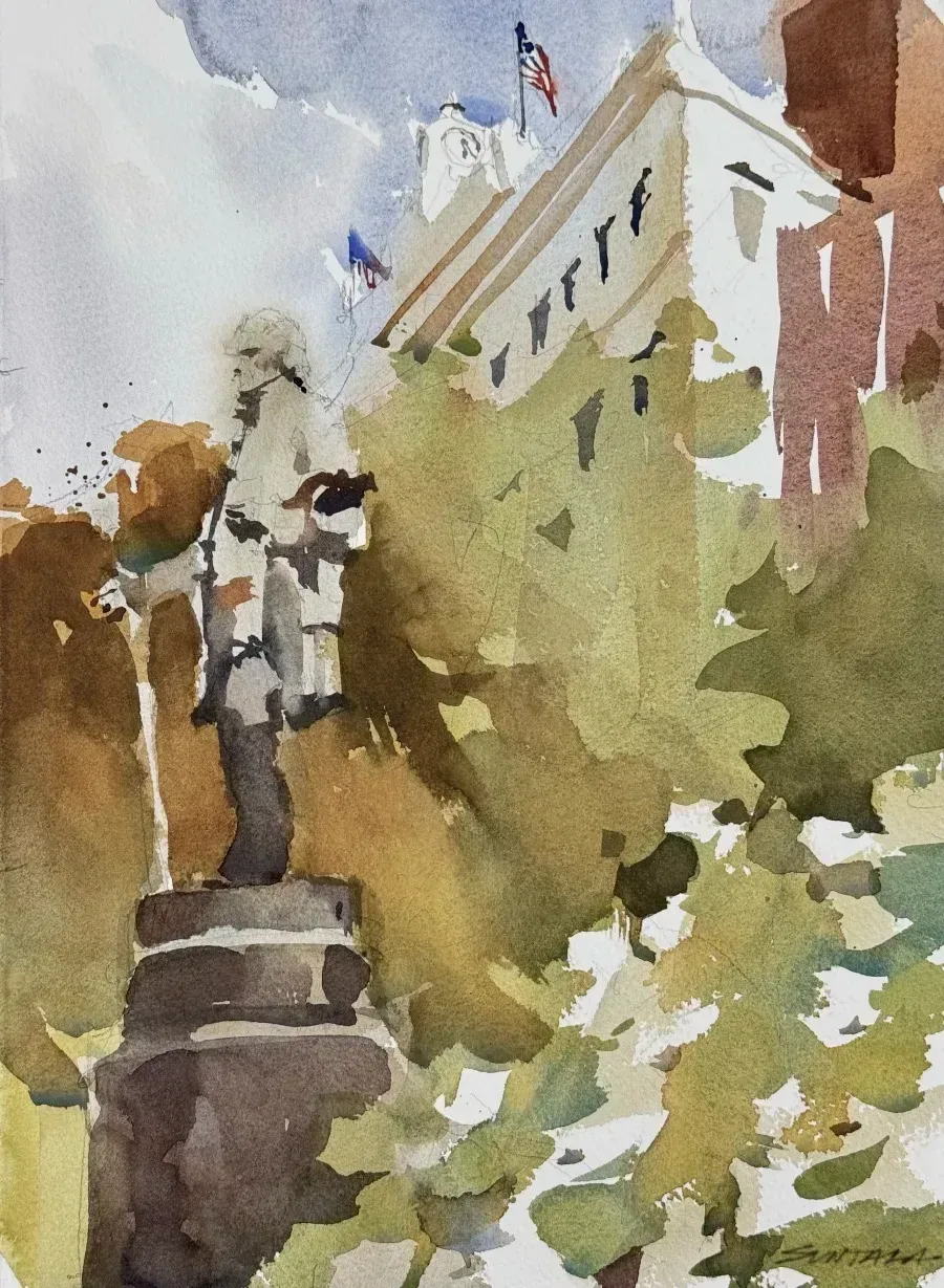 Loose watercolor of the Moses Cleaveland Statue on Public Square.
