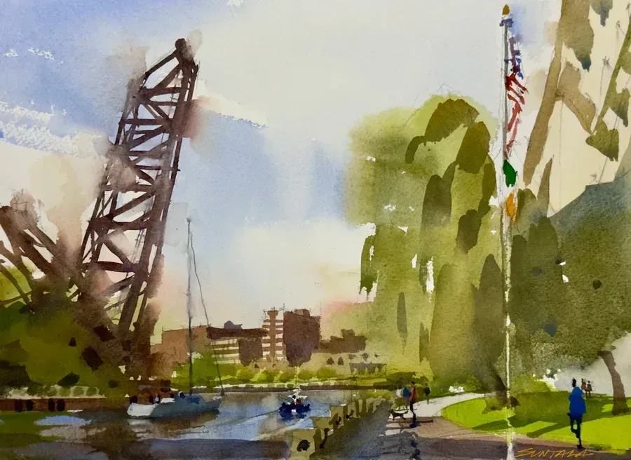 Loose watercolor of the Cuyahoga River and Jackknife Bridge