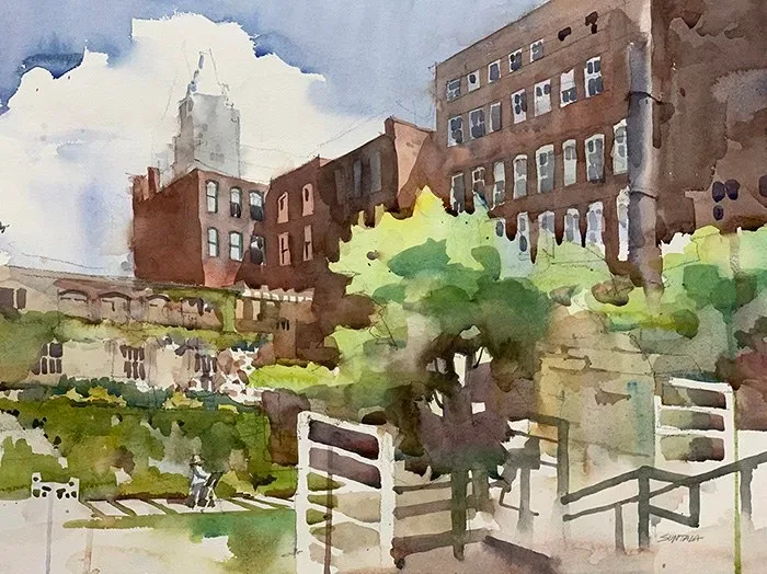 Watercolor painting of the Interior courtyard of Worthington Yards.