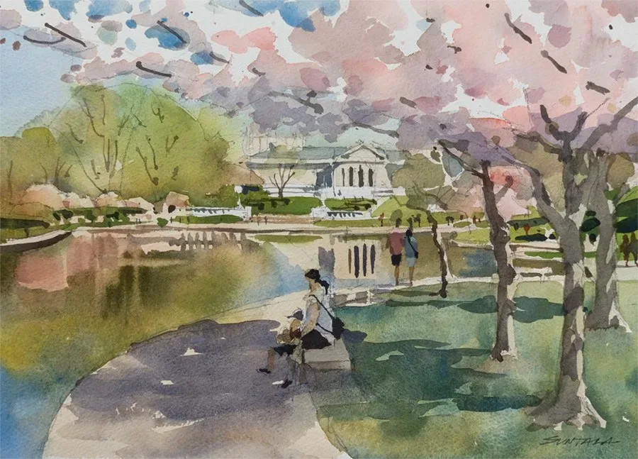 Watercolor of Wade Lagoon with the Cleveland Museum of Art in the distance.