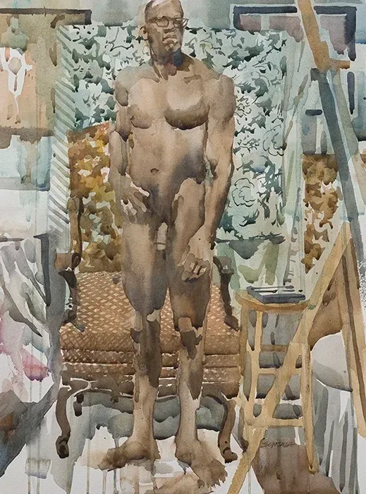 Standing male nude inside life drawing studio.