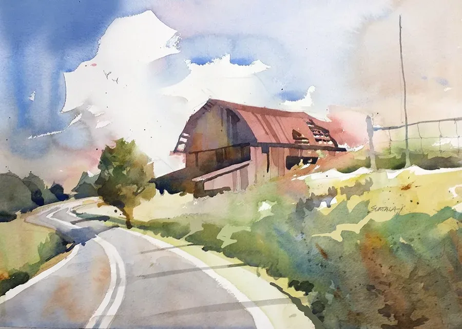 Watercolor of road and barn in southern Ohio
