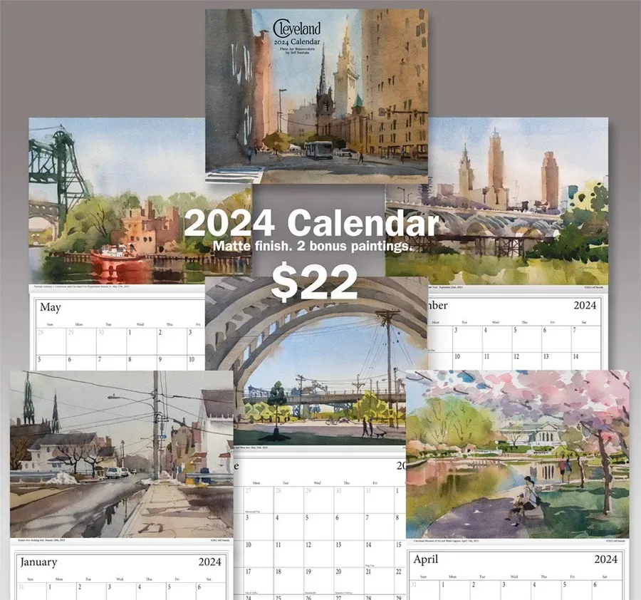 5 image preview of 2024 Cleveland watercolor calendar
