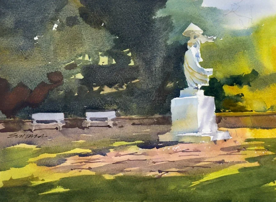 Loose plein air watercolor of the Vietnamese Cultural Garden in Cleveland, OH.
