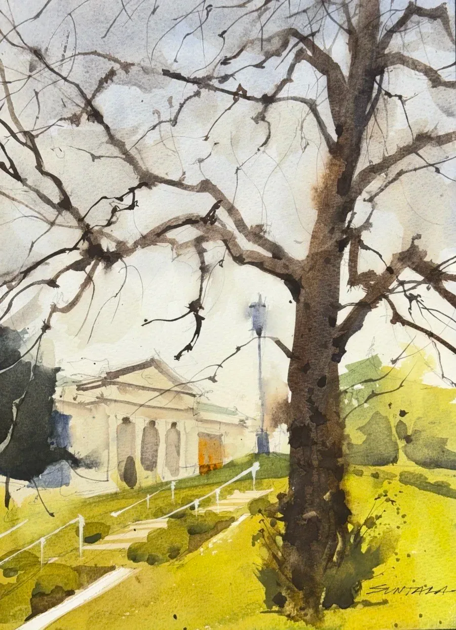Loose yet illustrative watercolor of a dead tree in the Nord Family Greenway. The Cleveland Museum of Art can be seen in the distance.