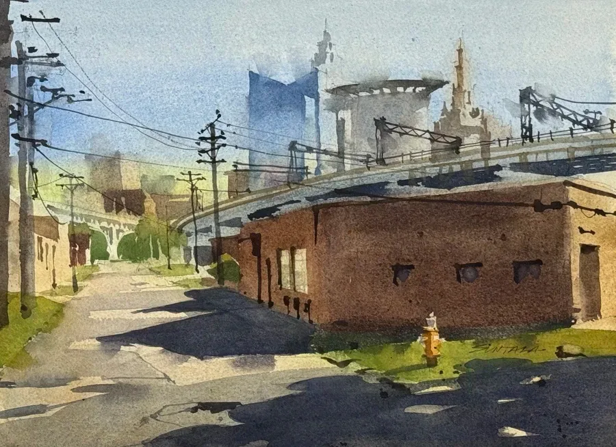 Loose plein air watercolor of the Cleveland Skyline as seen from Fall St. in the Flats.