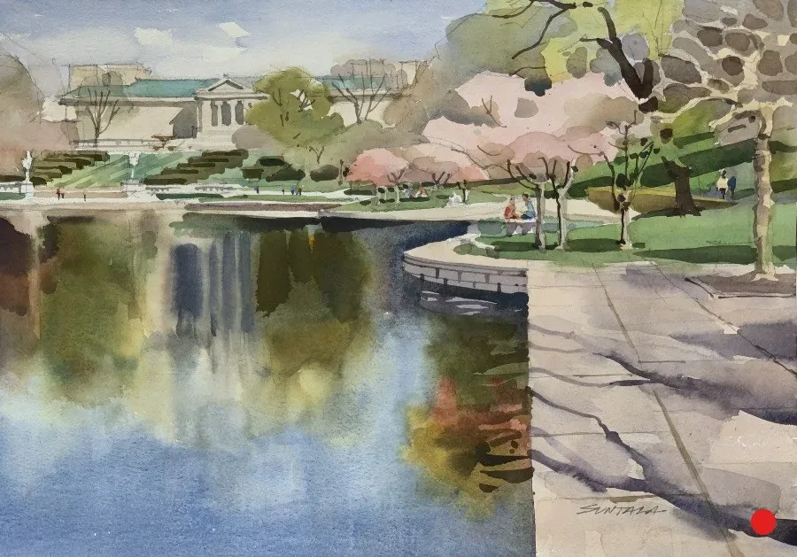 Plein air watercolor of Wade Lagoon in front of the Cleveland Museum of Art in spring.