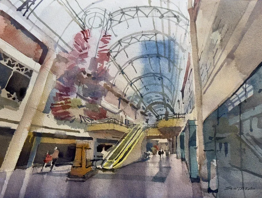 Loose plein air watercolor of the Galleria in Cleveland by Jeff Suntala