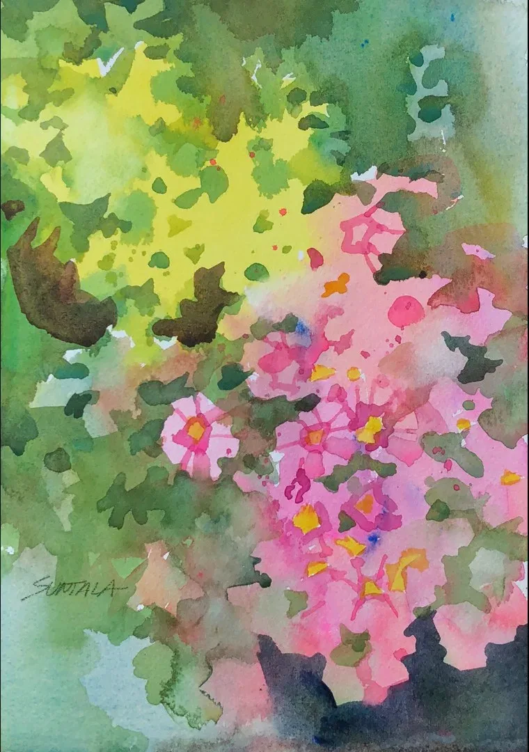 plein air watercolor of hanging flower baskets