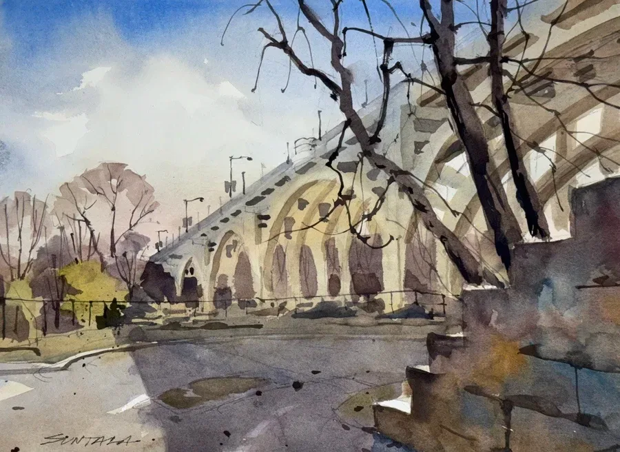 watercolor of the Fulton Rd bridge from Brookside Park, Cleveland, OH