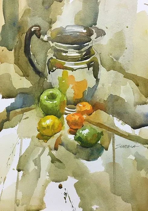 Still Life watercolor of Chrome Pitcher and Fruit