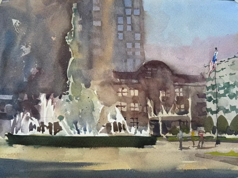 Loose plein air watercolor of the Fountain of Eternal Peace in Cleveland, OH.