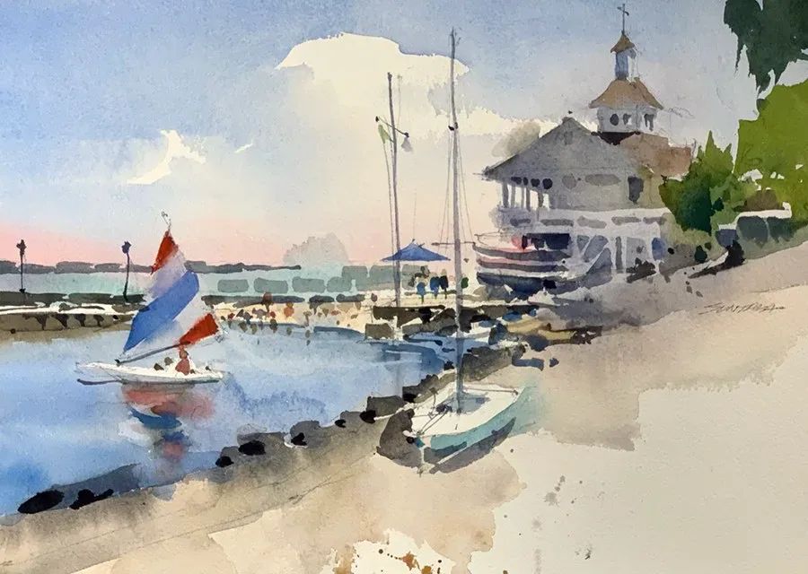 Loose watercolor of Sunfish Bay, Lakeside OH