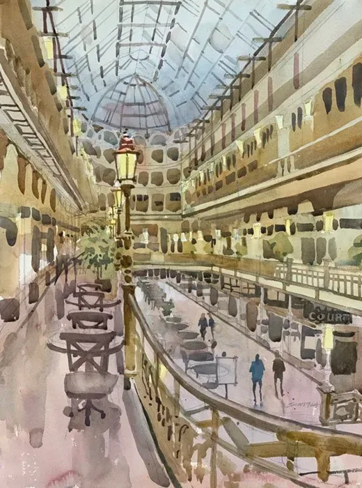 Loose watercolor of the large Euclid Arcade, Cleveland, OH.