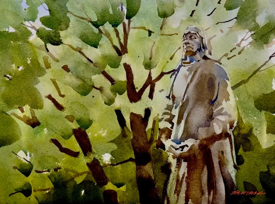 Loose yet illustrative watercolor of the Mother Teresa statue in the Albanian Garden at the Cleveland Cultural Gardens.