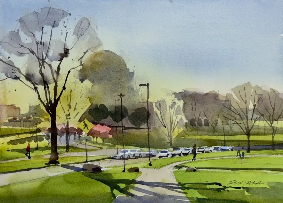 Loose yet illustrative watercolor of MLK Blvd and the Maltz Performing Arts Center in the University Circle neighborhood of Cleveland, OH.