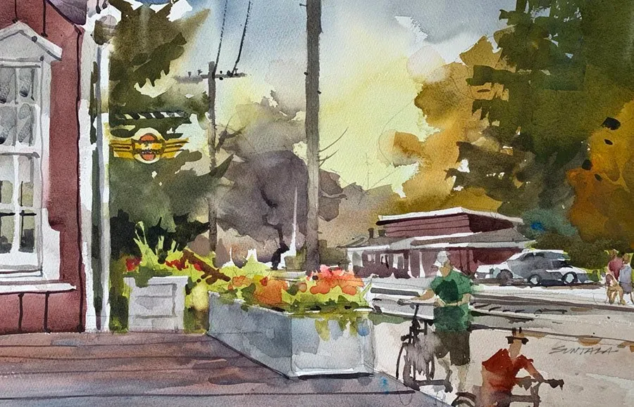 Loose watercolor of the train depot in Peninsula, OH in the Cuyahoga Valley National Park.