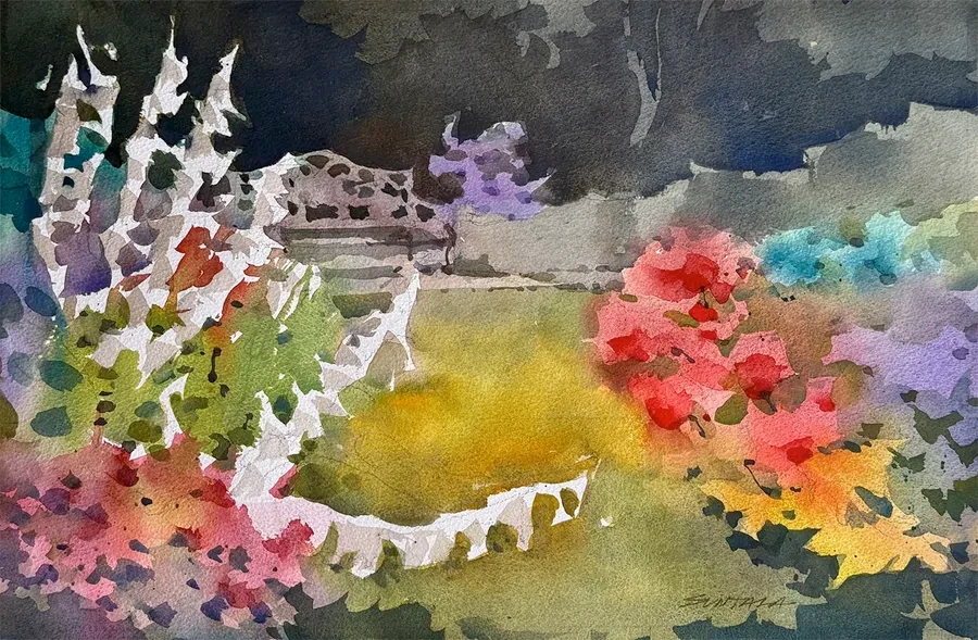 A loose watercolor of a garden with flowers blooming and a bench in the distance.