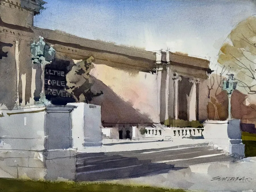 Watercolor painting of the south facade of the Cleveland Museum of Art
