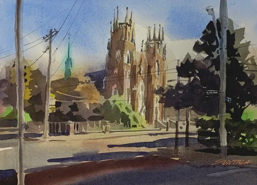 loose watercolor of St Stanislaus church in Slavic Village, Cleveland