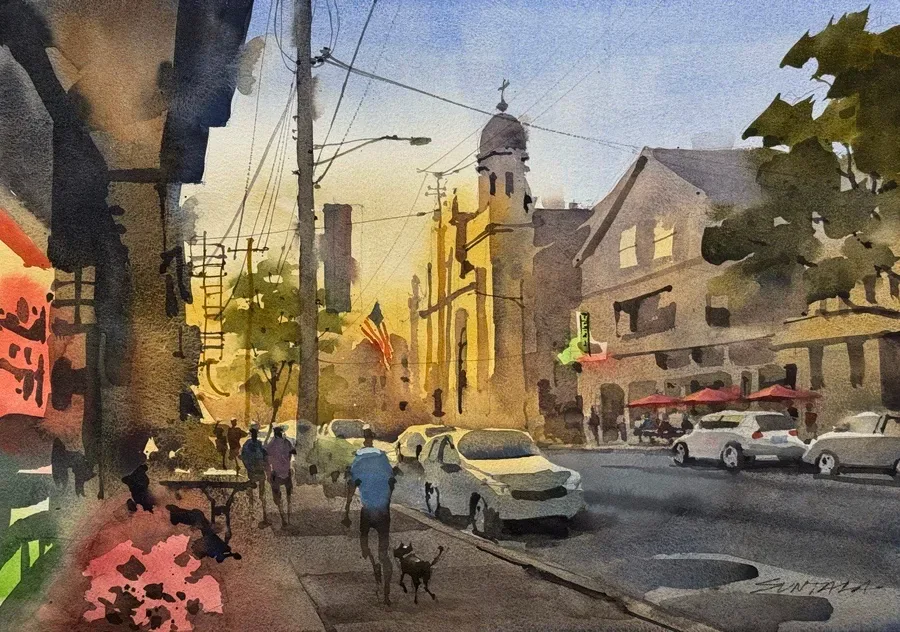 Loose watercolor of Mayfield Rd and Holy Rosary Church.