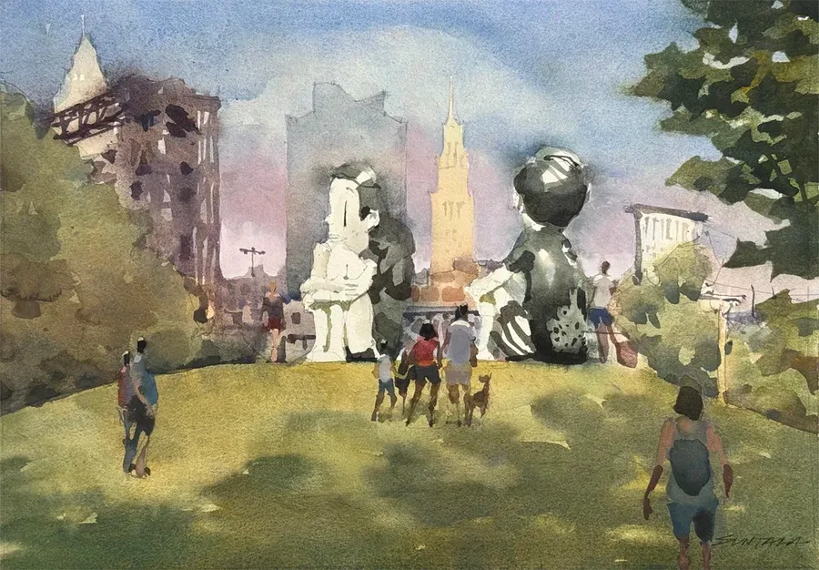 Loose watercolor of "Small Giants" sculpture at Wendy Park, Cleveland, OH.