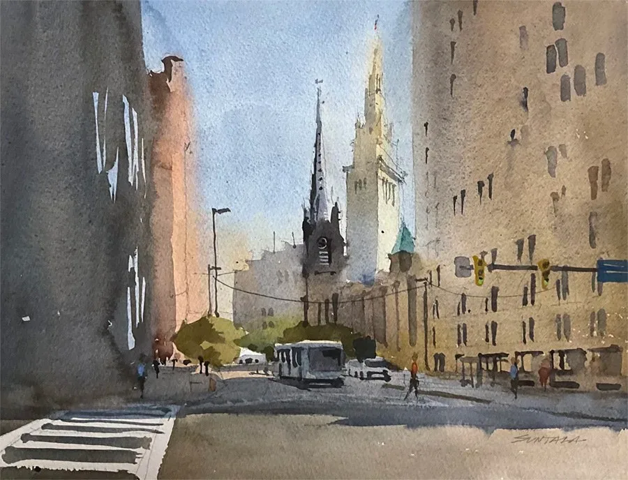 Loose watercolor of Ontario and St. Clair, Cleveland, OH