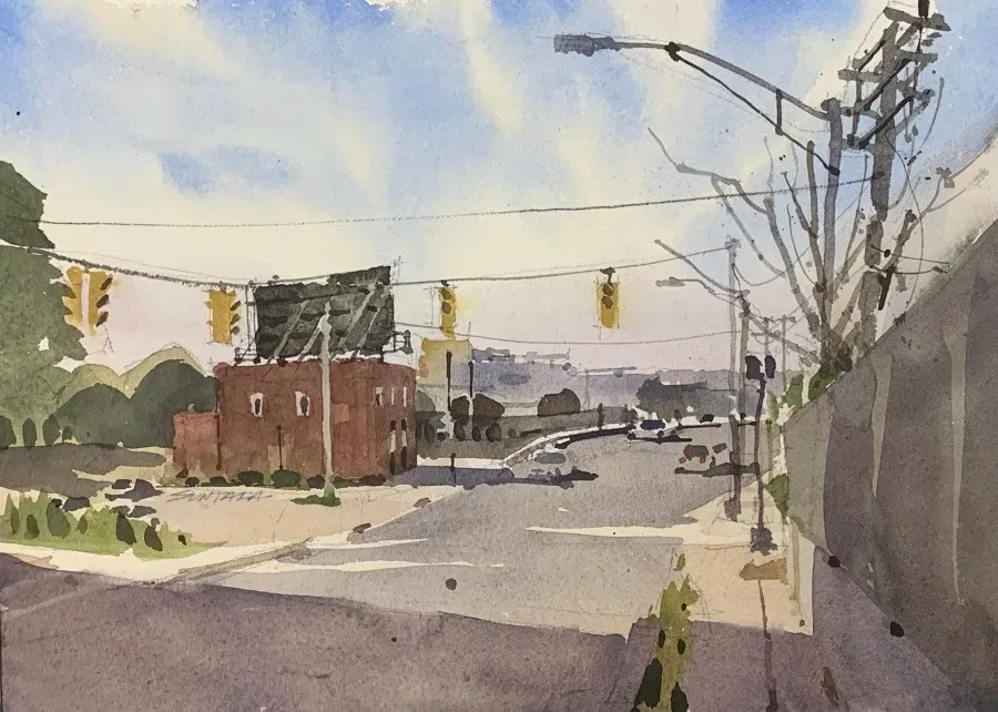 Loose watercolor of W 25th St looking south by Porco's Lounge.