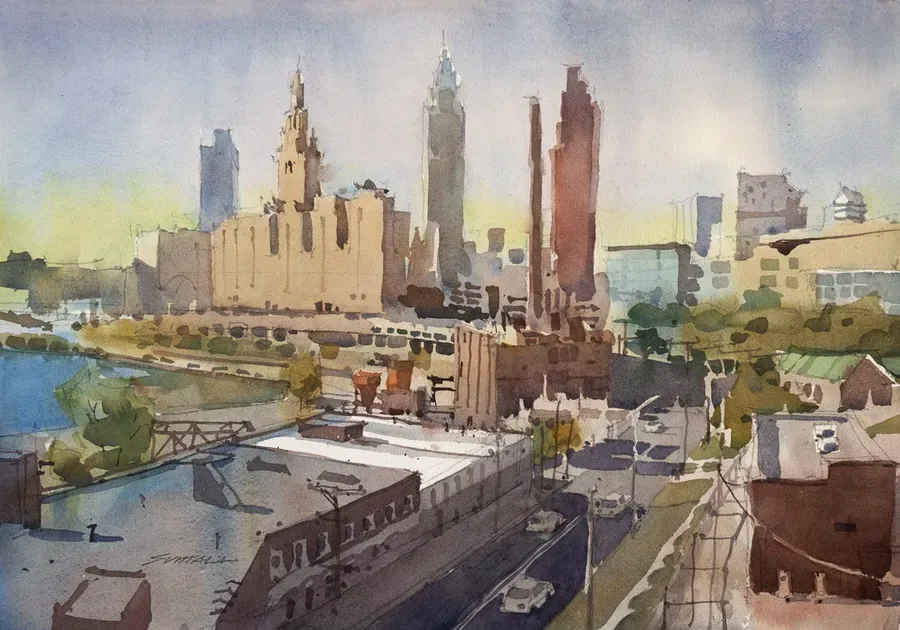 loose plein air watercolor of Cleveland skyline from the Lorain Carnegie bridge.