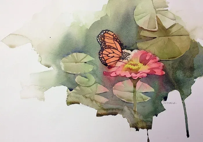 Butterfly and Zinnia, watercolor on paper, 2013