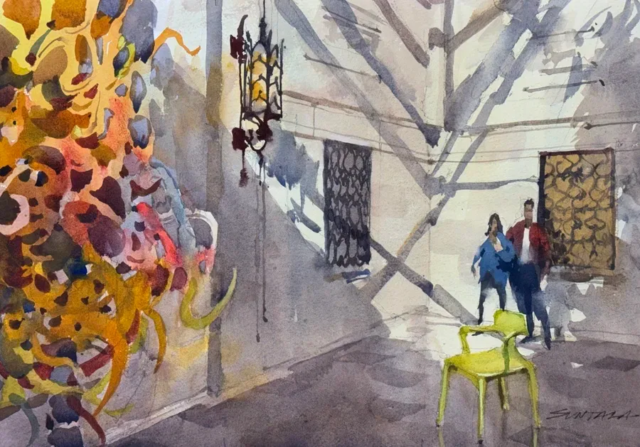 Loose watercolor of Edwards Court and its Chihuly statue in the Columbus Museum of Art