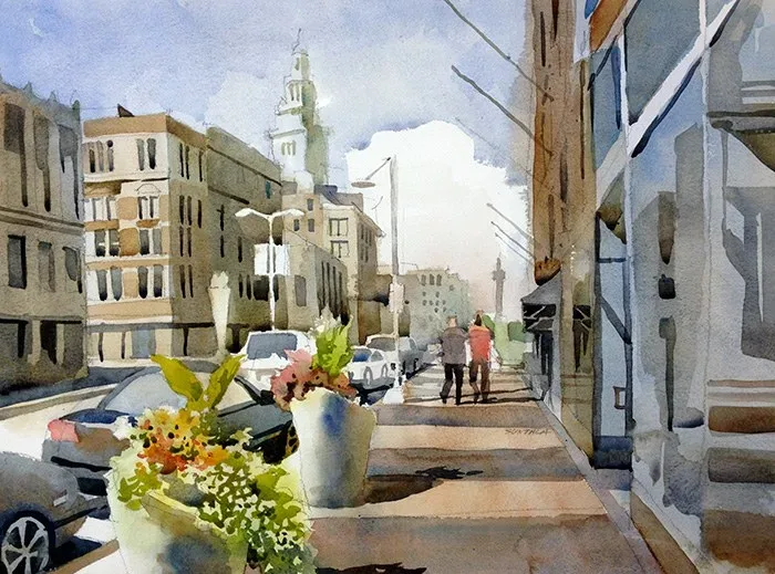 Looking West on Euclid Ave., watercolor on paper, 2013