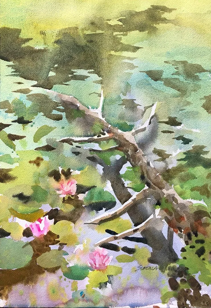 plein air watercolor of Gardenview lily pond