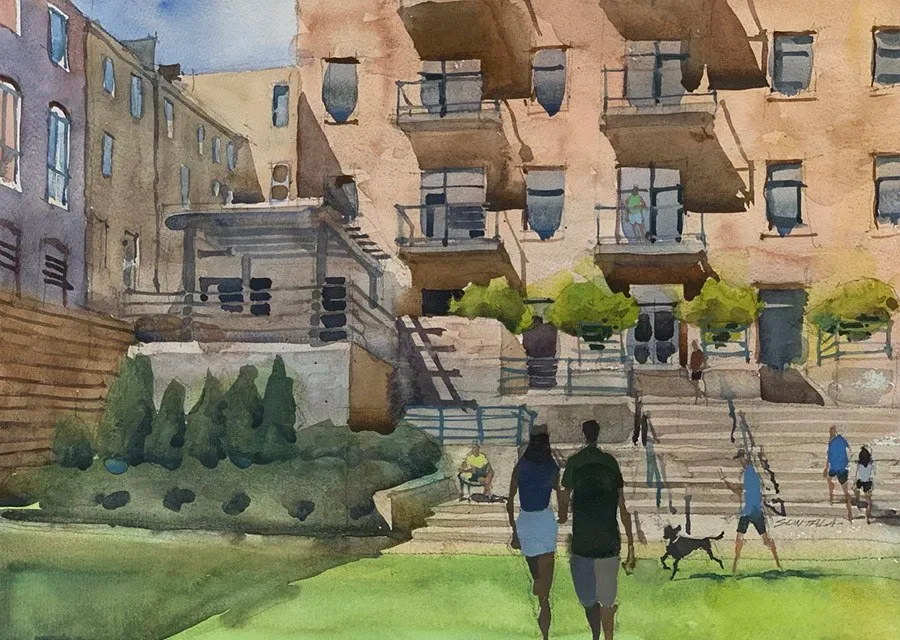 Plein air watercolor of Worthington Yards Courtyard.