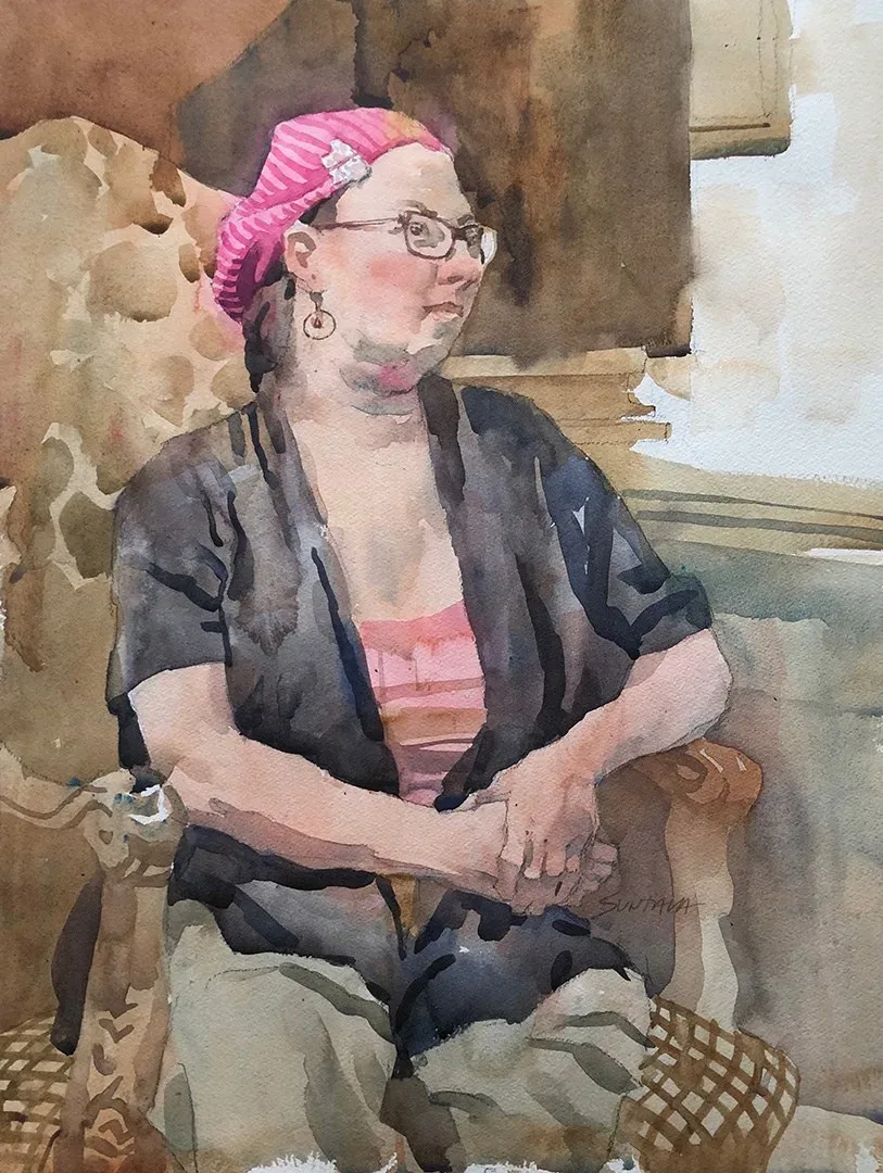 Woman with pink beret