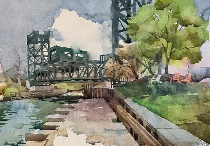 Watercolor of the Columbus Rd. bridge, Cleveland, Ohio.