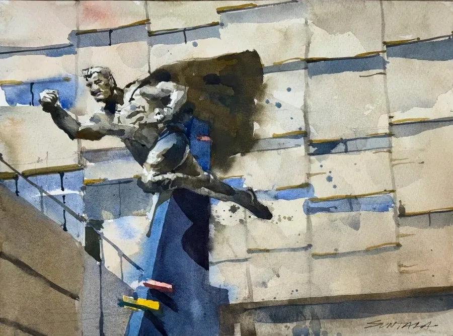 Loose plein air watercolor of the Superman statue in Cleveland, OH.