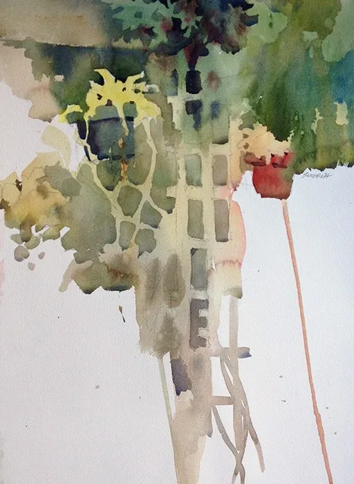 Loose watercolor of hanging flower baskets