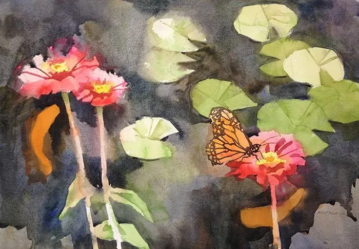 Butterfly and Zinnia, watercolor on paper, 2013