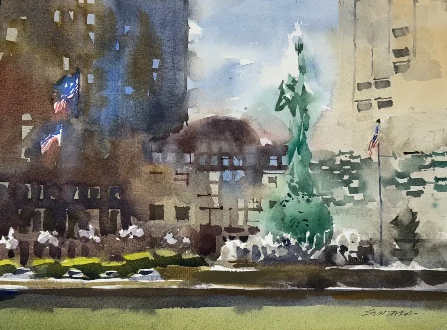 Loose plein air watercolor of Mall A and the Fountain of Eternal Peace in Cleveland, OH.