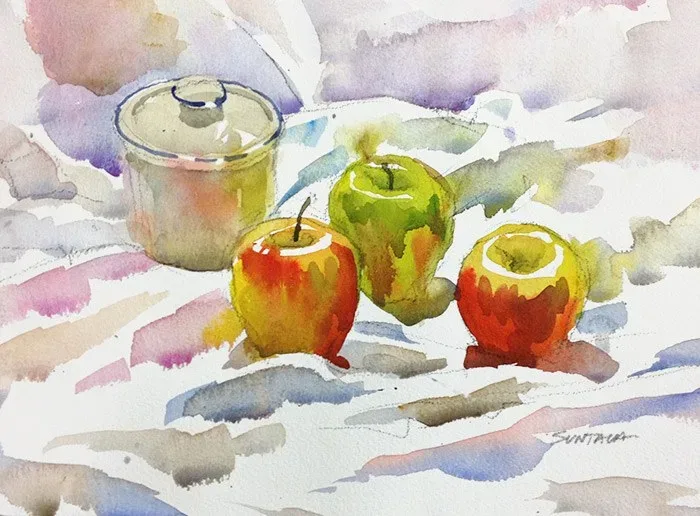 Still Life with Sugar Bowl and Apples, watercolor on paper, 2013