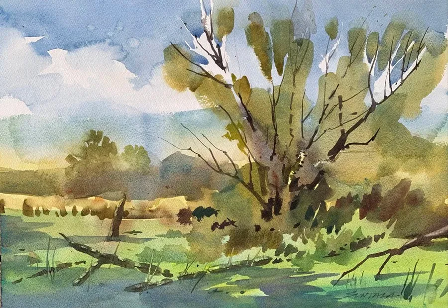 Loose plein air watercolor of the Beaver Marsh in the Cuyahoga Valley National Park.