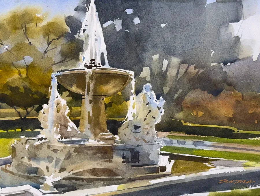 Loose plein air watercolor of "the Fountain of the Waters" at the Cleveland Museum of Art.