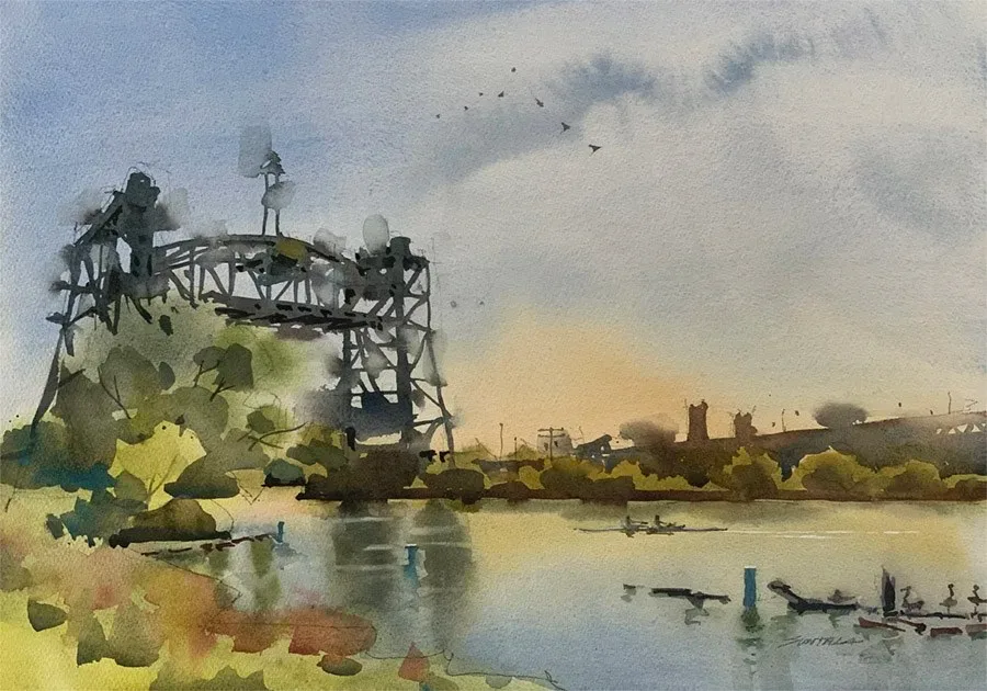 The Eagle St bridge stands proudly as a double scull rows in a plein air loose watercolor.