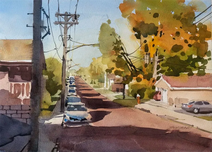 Loose watercolor of W 59th St looking north from Denison Ave.