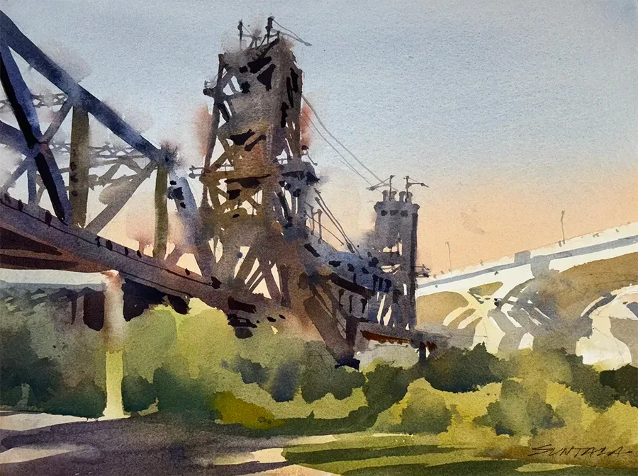 Plein air watercolor of the Norfolk Southern Bridge by the Towpath Trail, Cleveland, OH.