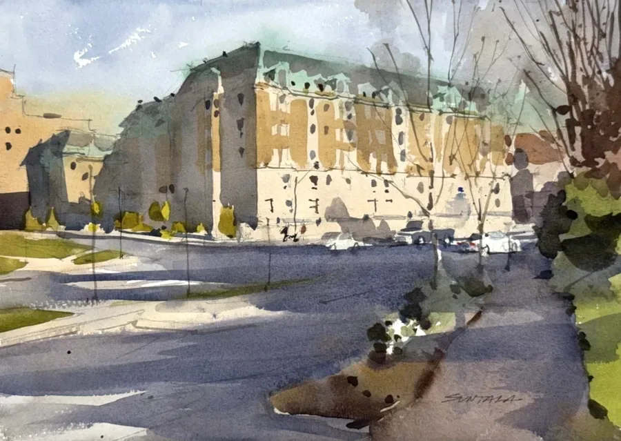 Loose yet illustrative watercolor of the Park Villa Apartments on E 105th St in Cleveland, OH.