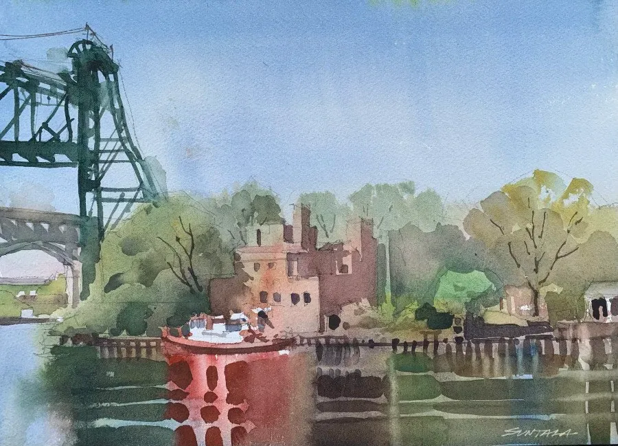 Loose plein air watercolor of the Cuyahoga River.